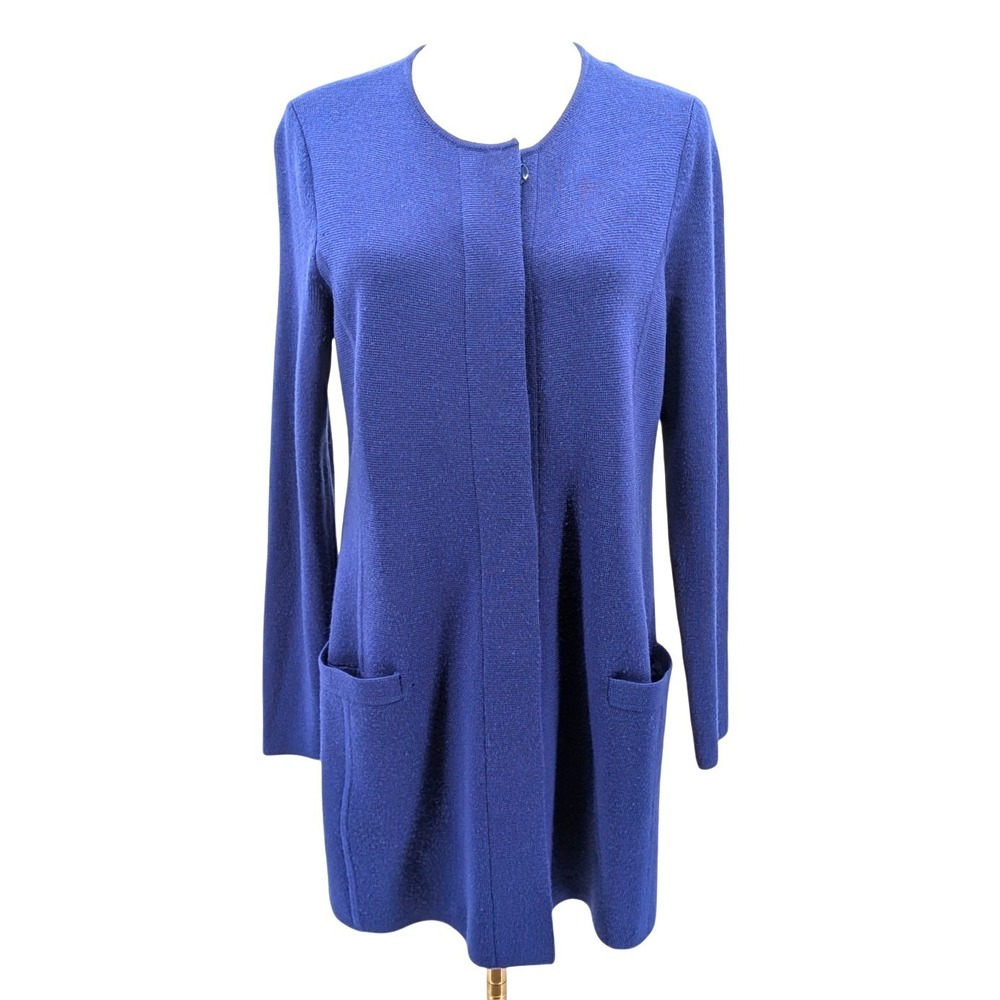 Talbots Merino Wool Long Cardigan Sweater Blue Snap Front Pockets Petite M